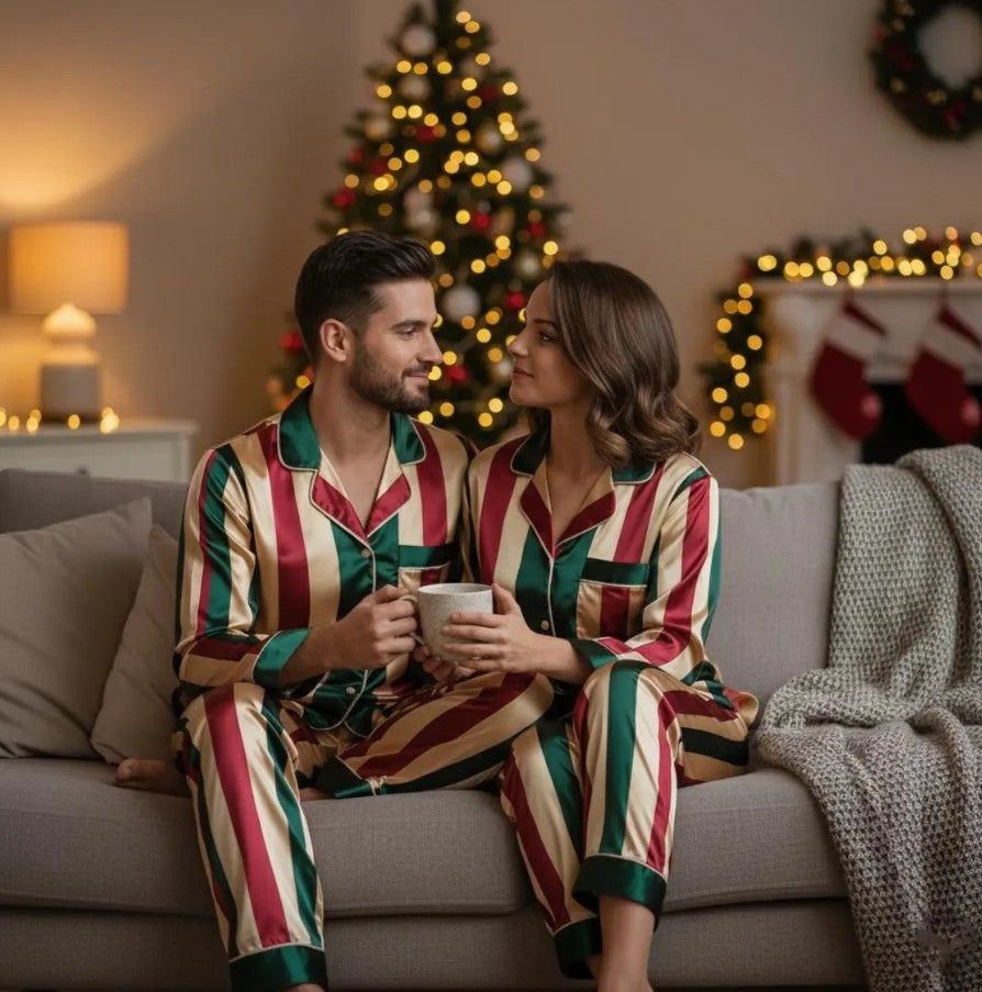 Satin Red Green Gold Christmas Striped Pajamas, Family Matching Holiday Sleepwear Set, Elegant Festive Loungewear Gift for Her
