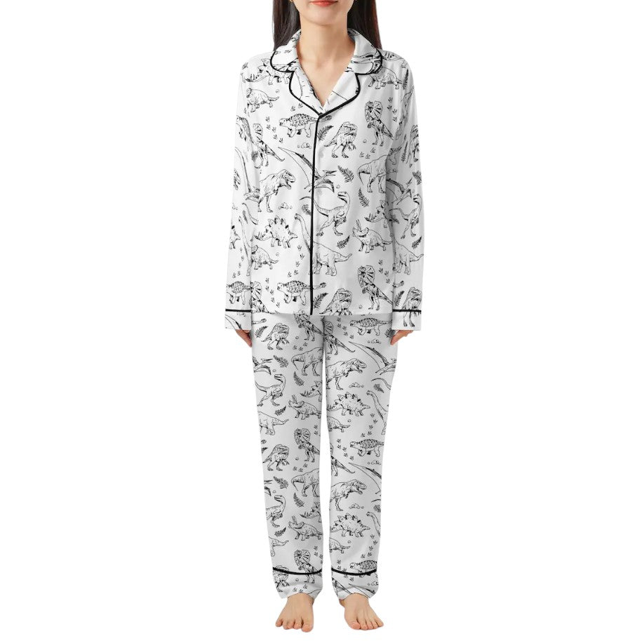 lVintage Dinosaur Pajama Set – Black & White Prehistoric Print Seepwear for Adults, Cute Retro Dino Loungewear Gift