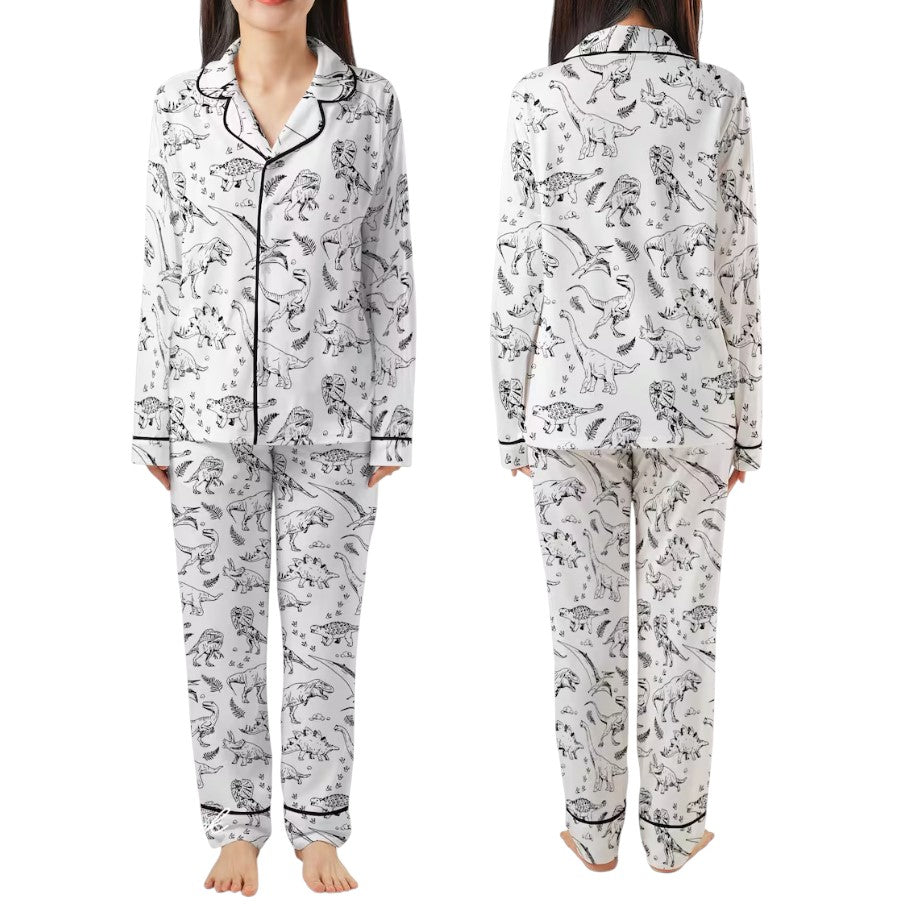 lVintage Dinosaur Pajama Set – Black & White Prehistoric Print Seepwear for Adults, Cute Retro Dino Loungewear Gift