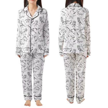 lVintage Dinosaur Pajama Set – Black & White Prehistoric Print Seepwear for Adults, Cute Retro Dino Loungewear Gift