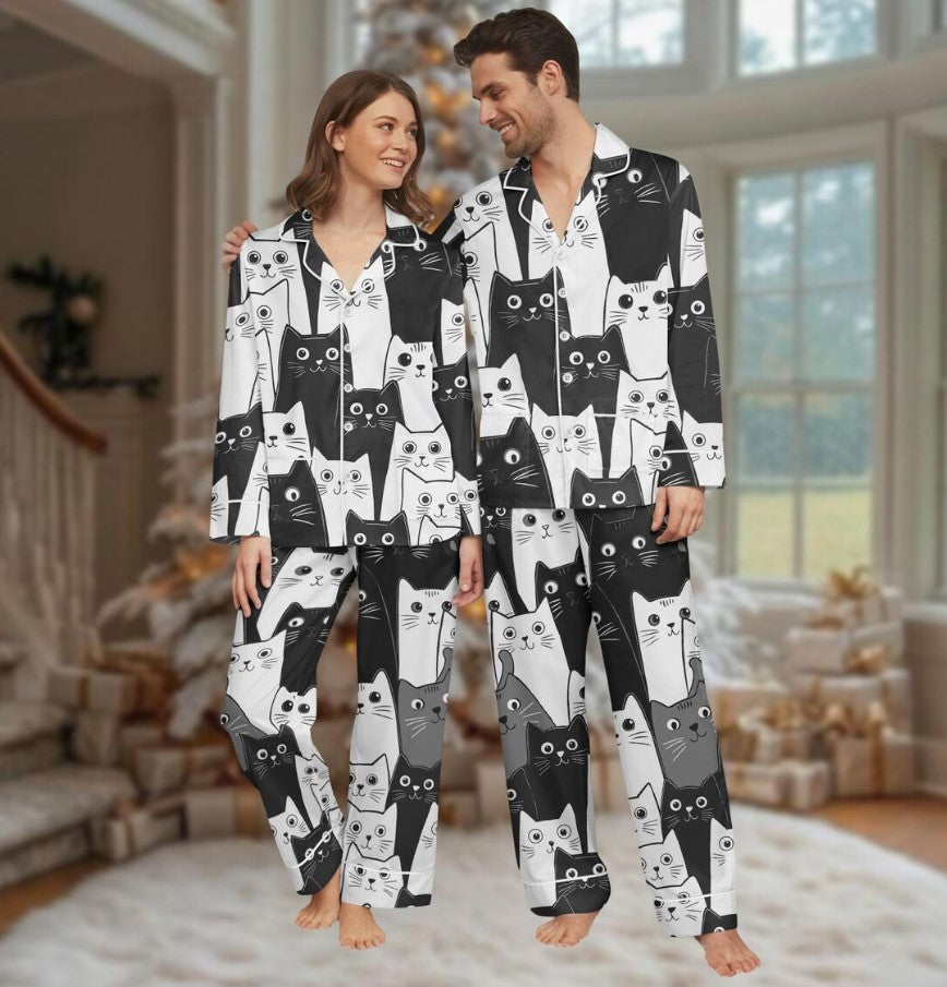 Cat Lover Long Thick PJs Set, Cat Thick Pajamas, Black and White Cat Long Pajama Set, Women Pajamas, Gift for Cat Fan