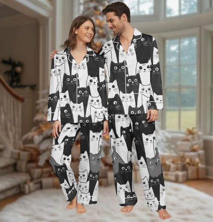 Cat Lover Long Thick PJs Set, Cat Thick Pajamas, Black and White Cat Long Pajama Set, Women Pajamas, Gift for Cat Fan