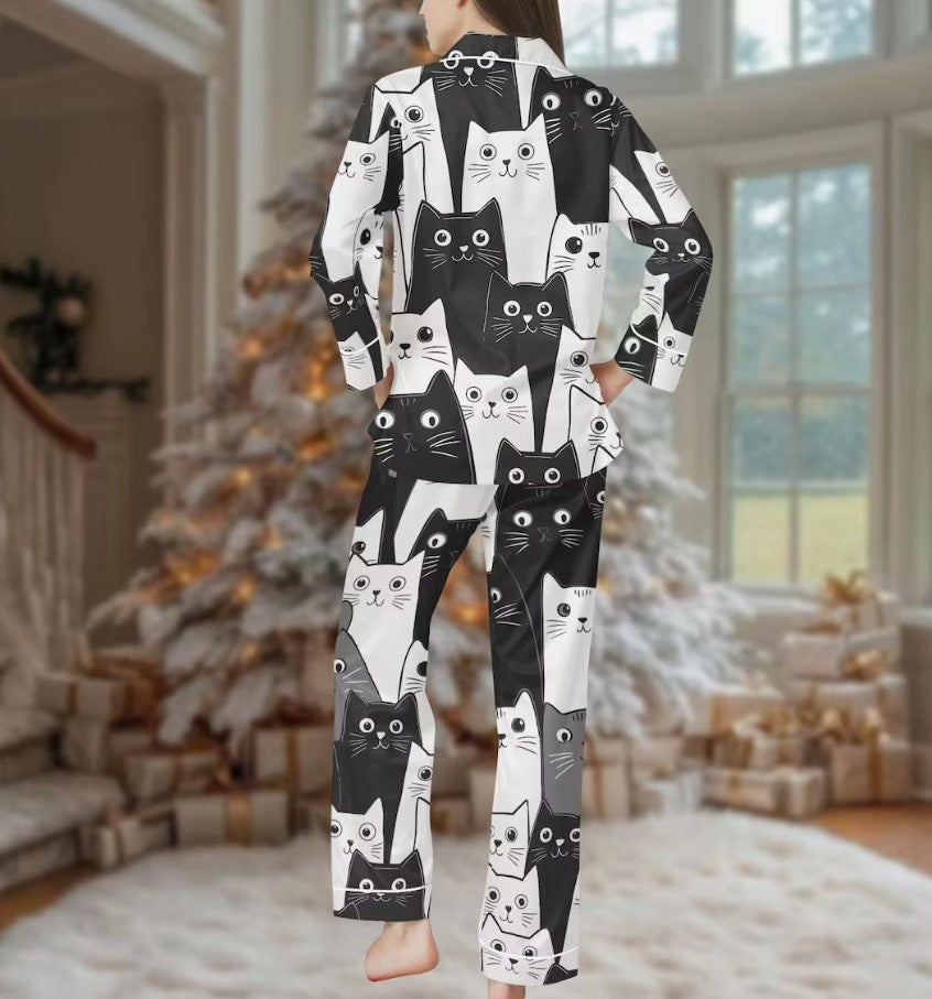 Cat Lover Long Thick PJs Set, Cat Thick Pajamas, Black and White Cat Long Pajama Set, Women Pajamas, Gift for Cat Fan