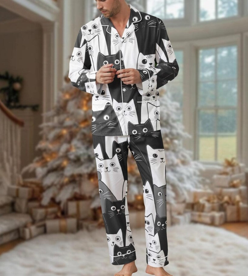 Cat Lover Long Thick PJs Set, Cat Thick Pajamas, Black and White Cat Long Pajama Set, Women Pajamas, Gift for Cat Fan