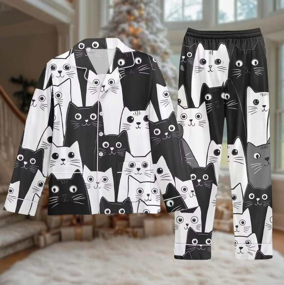 Cat Lover Long Thick PJs Set, Cat Thick Pajamas, Black and White Cat Long Pajama Set, Women Pajamas, Gift for Cat Fan
