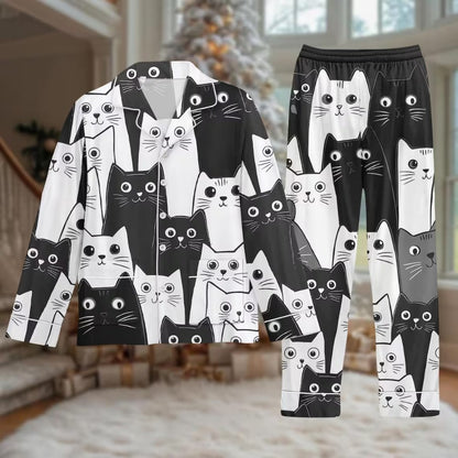Cat Lover Long Thick PJs Set, Cat Thick Pajamas, Black and White Cat Long Pajama Set, Women Pajamas, Gift for Cat Fan