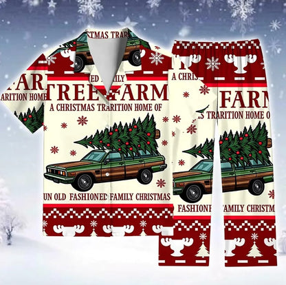 Christmas Pajama Set with Vintage Car & Tree Farm Pattern, Festive Holiday Sleepwear Featuring Snowflakes Trees, Cozy Gift for Adults