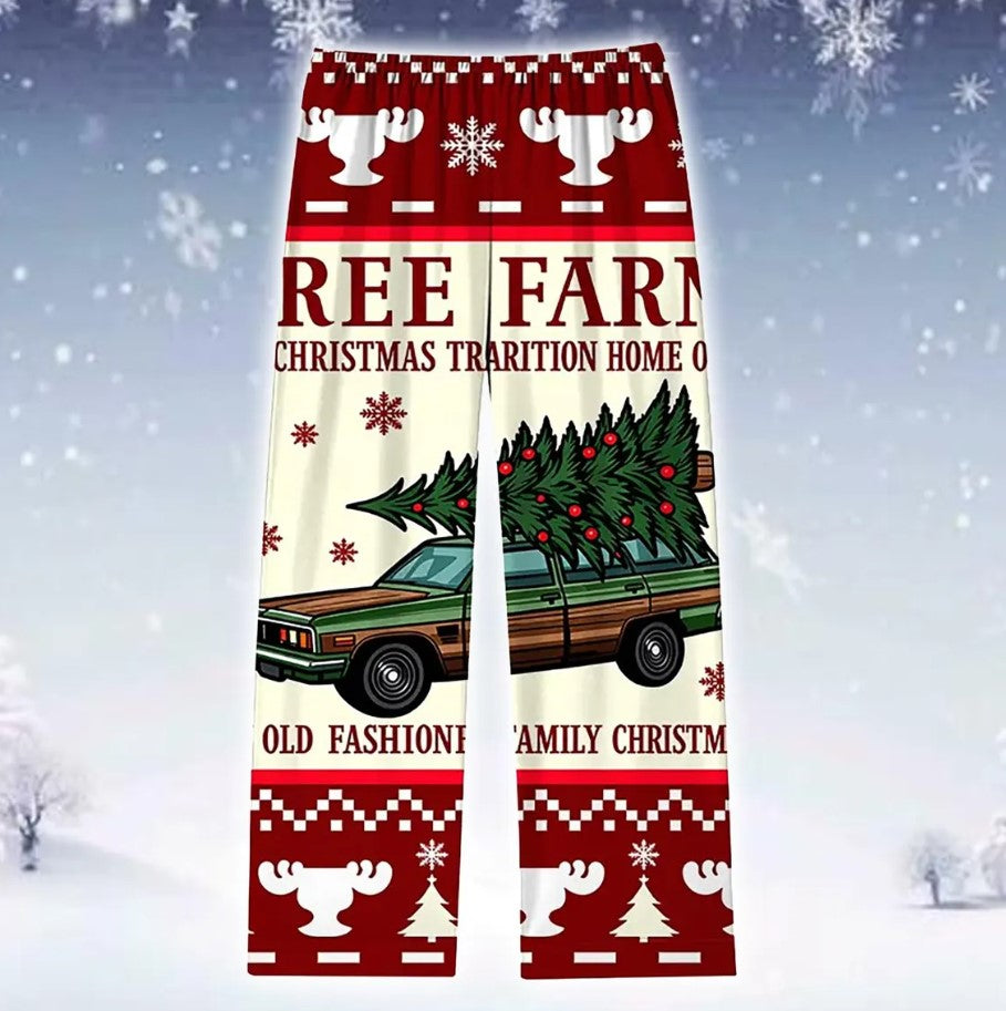 Christmas Pajama Set with Vintage Car & Tree Farm Pattern, Festive Holiday Sleepwear Featuring Snowflakes Trees, Cozy Gift for Adults