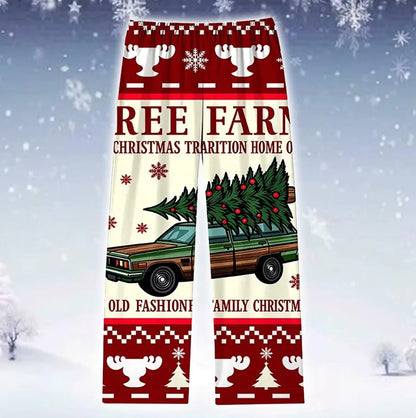 Christmas Pajama Set with Vintage Car & Tree Farm Pattern, Festive Holiday Sleepwear Featuring Snowflakes Trees, Cozy Gift for Adults
