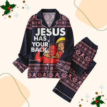 Funny Jesus Christmas Pajamas Set, Jesus Has Your Back Holiday Pjs, Christian Pajamas Family, Funny Meme Shirt, Xmas Gift For Her Him