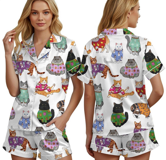 Christmas Cat Xmas Pajamas Set Satin, Cat Owner Christmas Gifts Shirt, Cat Christmas PJS Holiday Pajamas, Christmas Pyjamas Cat Gifts