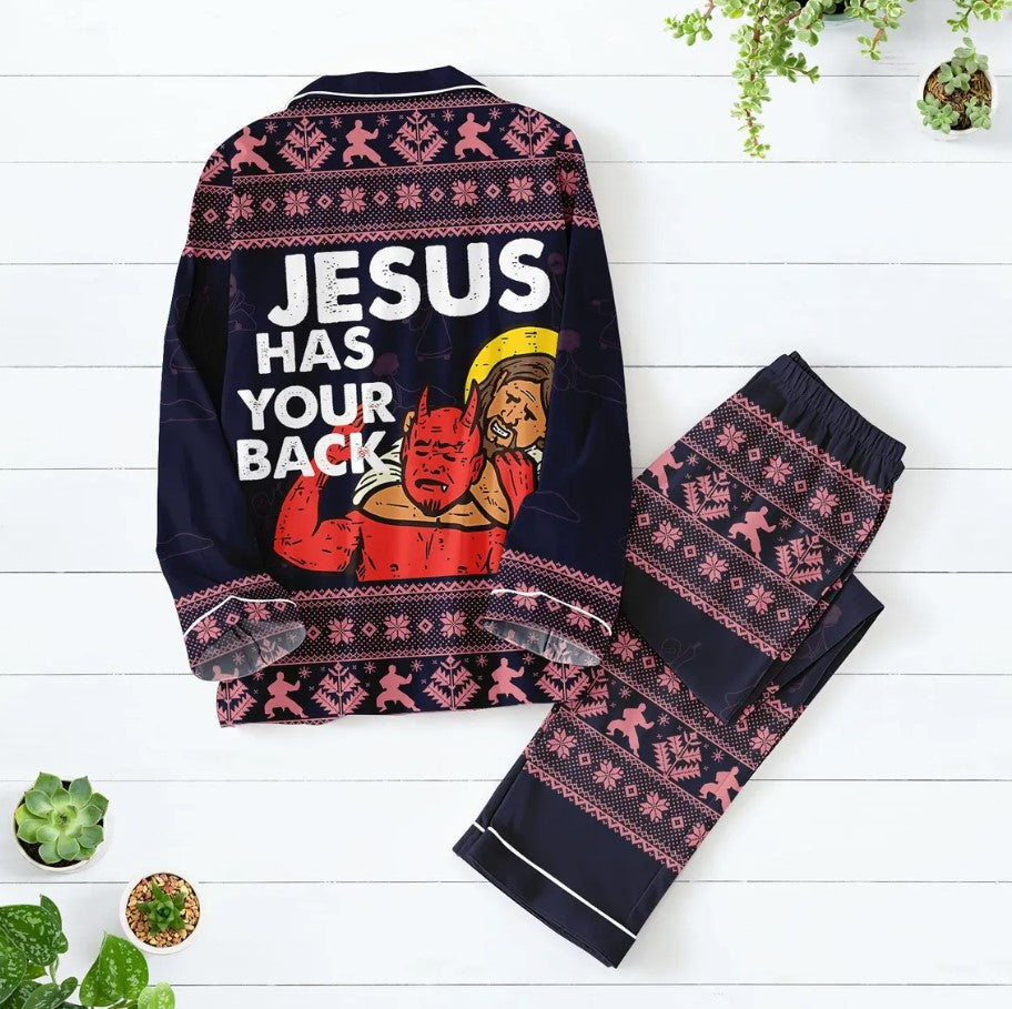 Funny Jesus Christmas Pajamas Set, Jesus Has Your Back Holiday Pjs, Christian Pajamas Family, Funny Meme Shirt, Xmas Gift For Her Him