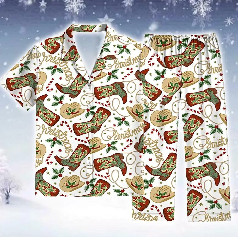 Christmas Loungewear Set Cozy Western Winter Holiday Pajama Outfit with Cowboy Boot and Hat Pattern Festive Sleepwear Gift for Her Him