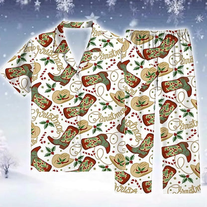 Christmas Loungewear Set Cozy Western Winter Holiday Pajama Outfit with Cowboy Boot and Hat Pattern Festive Sleepwear Gift for Her Him