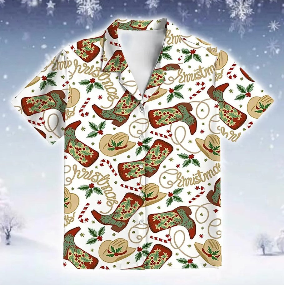 Christmas Loungewear Set Cozy Western Winter Holiday Pajama Outfit with Cowboy Boot and Hat Pattern Festive Sleepwear Gift for Her Him