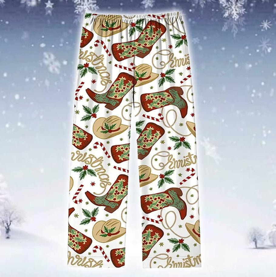 Christmas Loungewear Set Cozy Western Winter Holiday Pajama Outfit with Cowboy Boot and Hat Pattern Festive Sleepwear Gift for Her Him