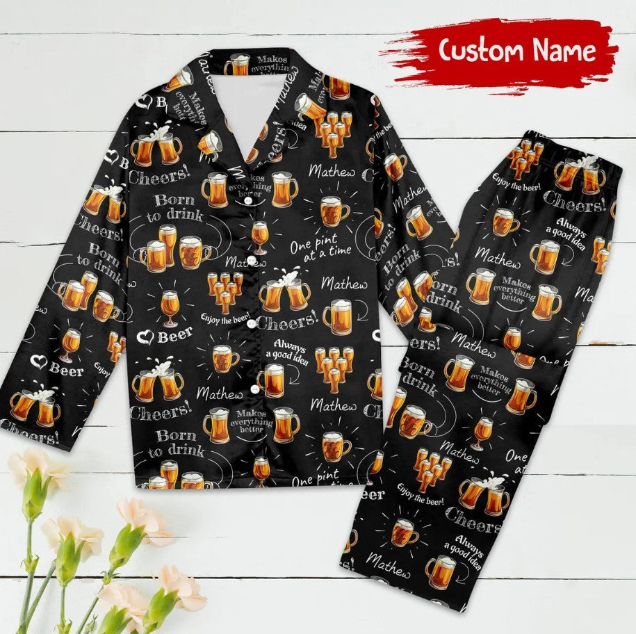 Personalized Born to Drink Pajamas Set, Customized Funny Beer Lover Pajamas, Gift For Alcoholic, Party Theme Outfit, Gift For Friends
