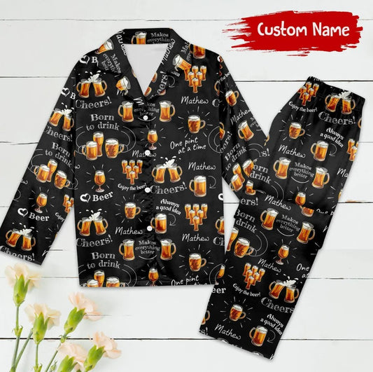 Personalized Born to Drink Pajamas Set, Customized Funny Beer Lover Pajamas, Gift For Alcoholic, Party Theme Outfit, Gift For Friends