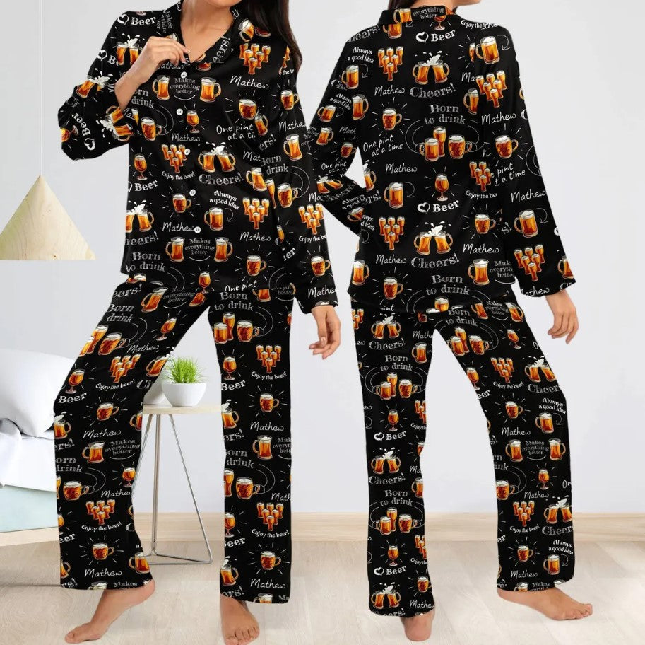 Personalized Born to Drink Pajamas Set, Customized Funny Beer Lover Pajamas, Gift For Alcoholic, Party Theme Outfit, Gift For Friends