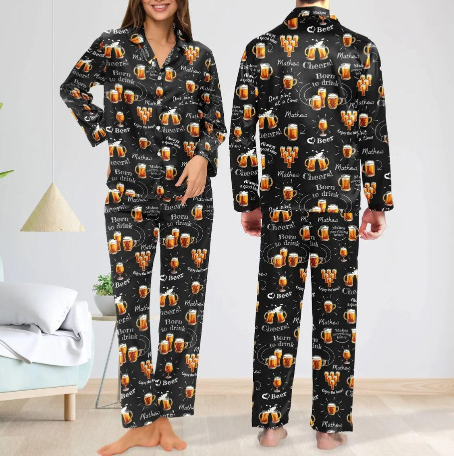 Personalized Born to Drink Pajamas Set, Customized Funny Beer Lover Pajamas, Gift For Alcoholic, Party Theme Outfit, Gift For Friends