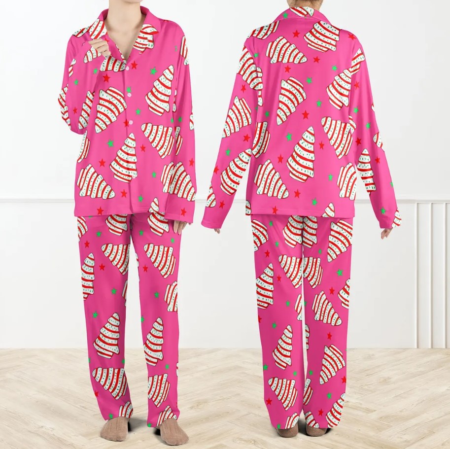 Christmas Tree Cakes Silky Satin Pajama Set For Women, Pink Christmas Pajamas Set, Candy Stripe Tree Holiday Sleepwear, Fun Festive Xmas PJs