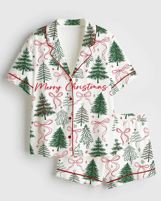 Women’s Preppy Christmas Tree Satin Pajama Set, Coquette Bow Silky Long Sleeve Holiday PJs, Merry Christmas Sleepwear Gift
