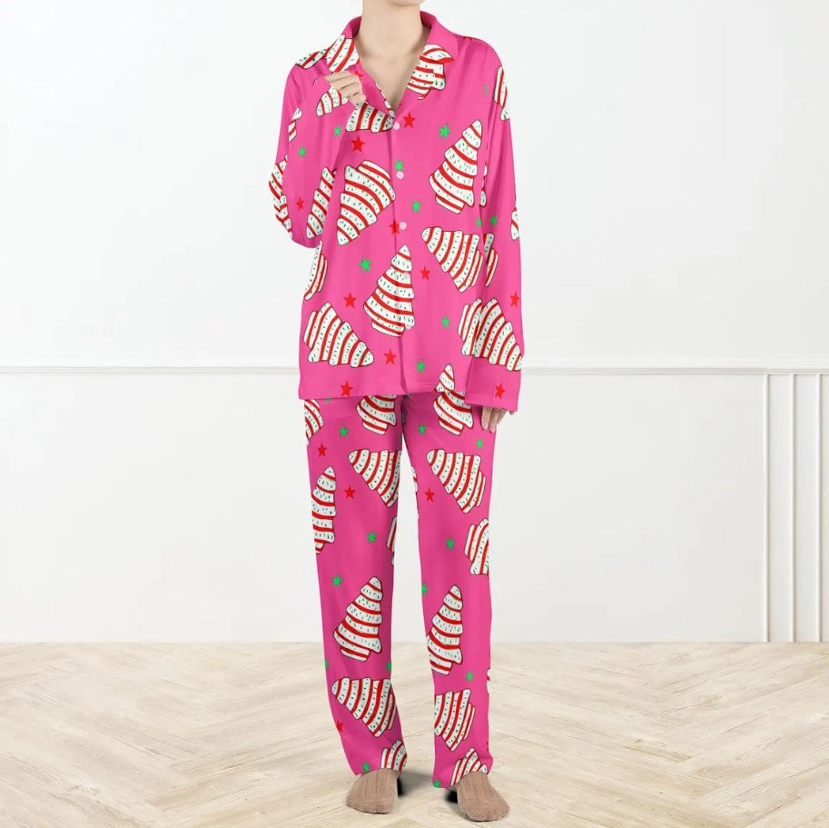 Christmas Tree Cakes Silky Satin Pajama Set For Women, Pink Christmas Pajamas Set, Candy Stripe Tree Holiday Sleepwear, Fun Festive Xmas PJs