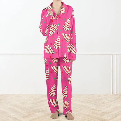 Christmas Tree Cakes Silky Satin Pajama Set For Women, Pink Christmas Pajamas Set, Candy Stripe Tree Holiday Sleepwear, Fun Festive Xmas PJs