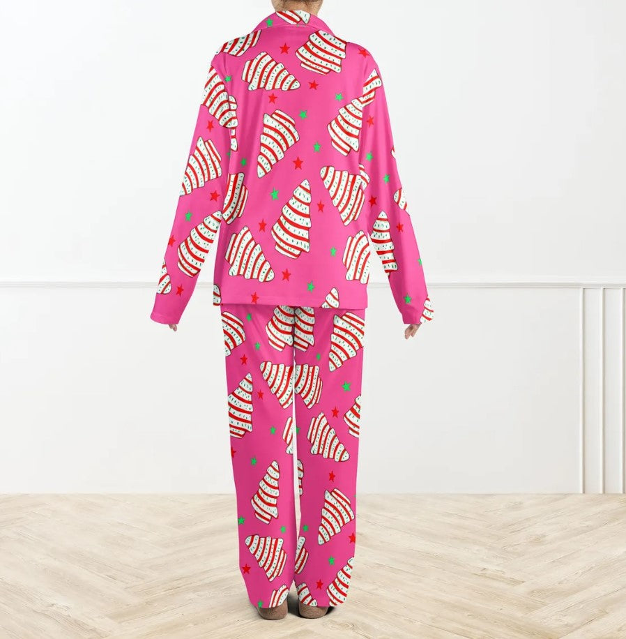Christmas Tree Cakes Silky Satin Pajama Set For Women, Pink Christmas Pajamas Set, Candy Stripe Tree Holiday Sleepwear, Fun Festive Xmas PJs