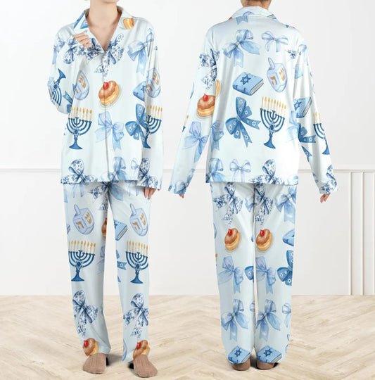 Coquette Hanukkah Silky Satin Pajama Set For Family, Blue Menorah PJs, Jewish Holiday Sleepwear, Dreidel Christmas PJs, Cozy Hanukkah Gift