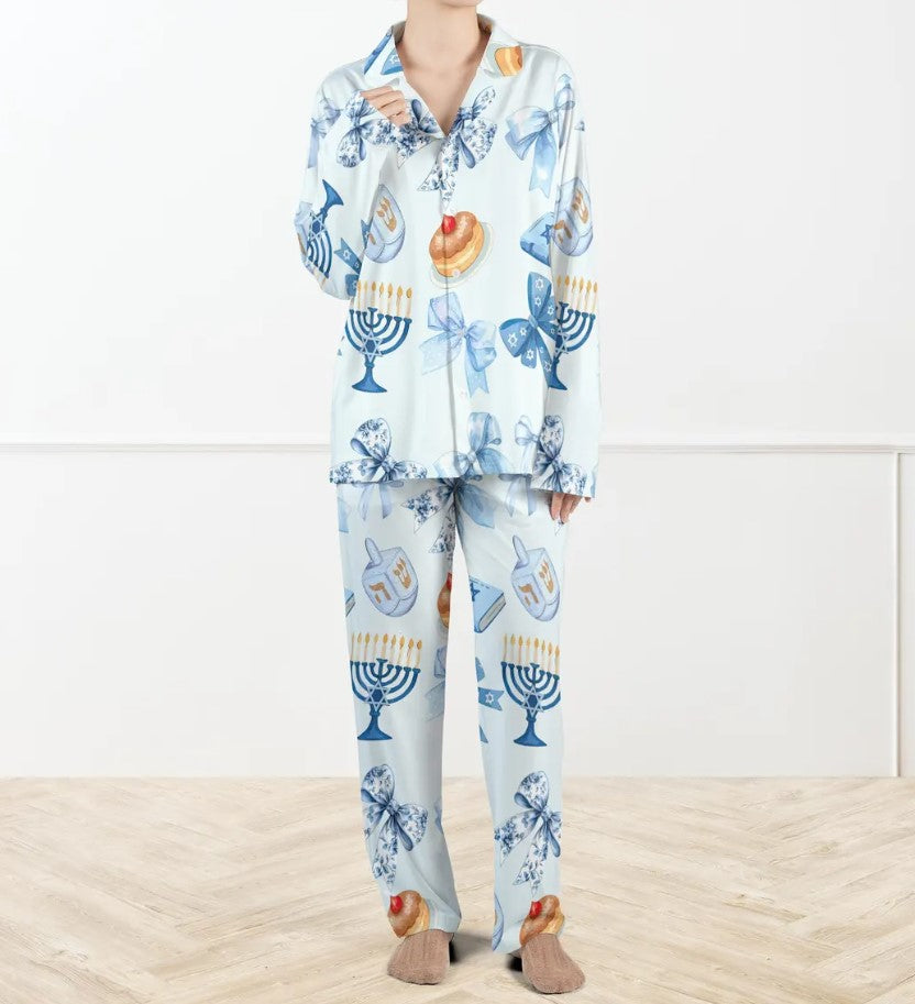 Coquette Hanukkah Silky Satin Pajama Set For Family, Blue Menorah PJs, Jewish Holiday Sleepwear, Dreidel Christmas PJs, Cozy Hanukkah Gift
