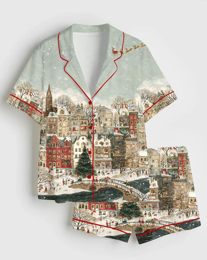 Christmas Town Whimsical Winter Village Art Long Sleeve Satin Pajama, Festive Holiday Sleepwear, Pajama Gift for Her, PJs Family