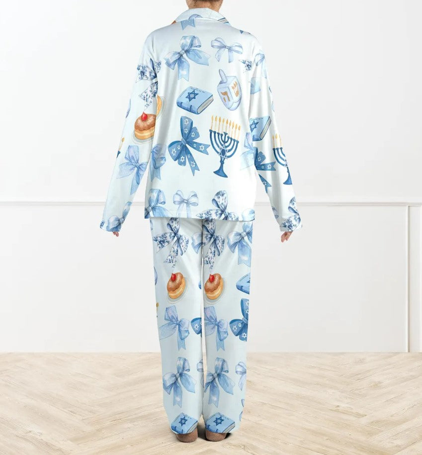 Coquette Hanukkah Silky Satin Pajama Set For Family, Blue Menorah PJs, Jewish Holiday Sleepwear, Dreidel Christmas PJs, Cozy Hanukkah Gift