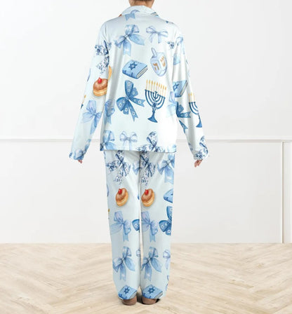 Coquette Hanukkah Silky Satin Pajama Set For Family, Blue Menorah PJs, Jewish Holiday Sleepwear, Dreidel Christmas PJs, Cozy Hanukkah Gift
