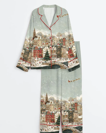 Christmas Town Whimsical Winter Village Art Long Sleeve Satin Pajama, Festive Holiday Sleepwear, Pajama Gift for Her, PJs Family