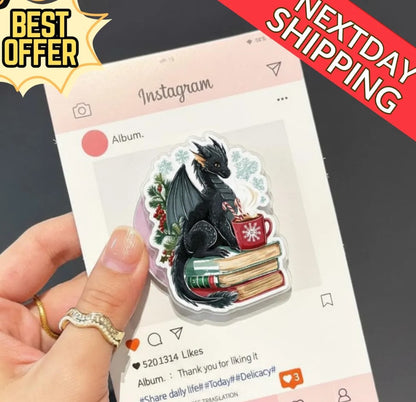 Dragon with Books Magnetic Kindle Stand: Cute Fantasy Dragon Phone Grip, Kawaii Holiday Phone Holder, Gift for Book Lovers and Fantasy Fans