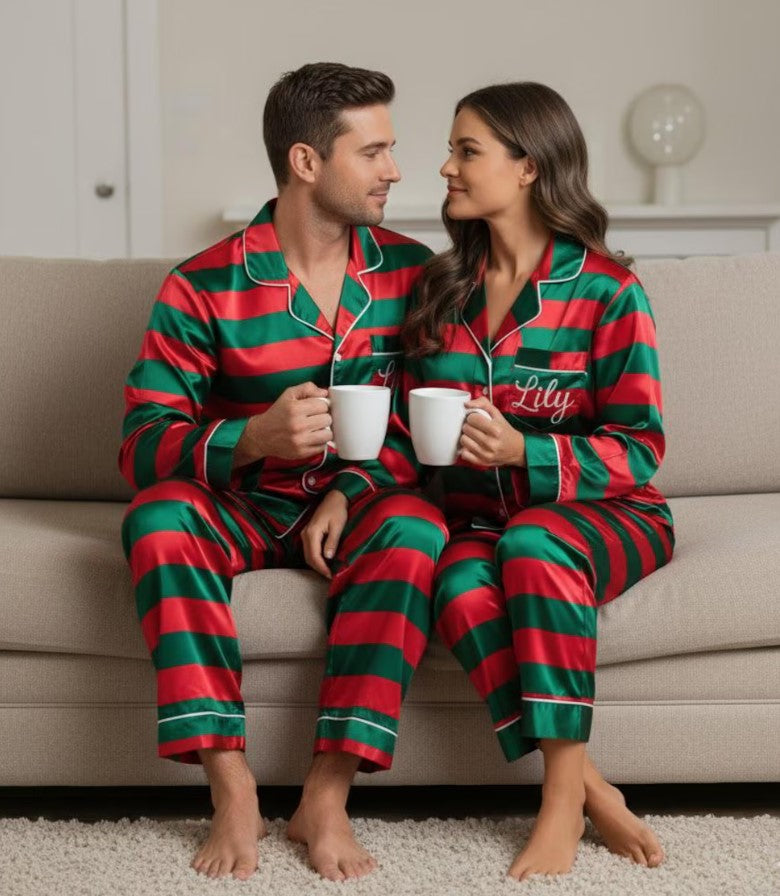 Personalized Name Green Red Striped Family Christmas Satin Pajamas Set, Christmas Pajamas, Family Matching Pajama, Family Christmas Pajamas