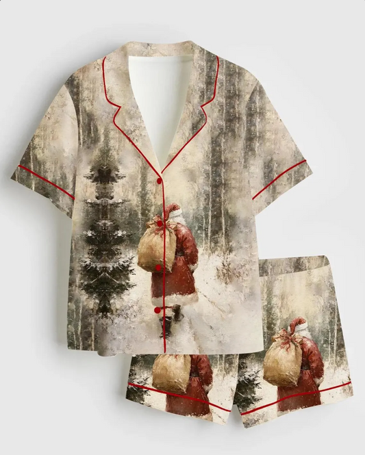 Santa Claus In Winter Forest Vintage Style Cozy Christmas Satin Pajama Set, Pajamas Party Xmas Snowman Nightwear, Christmas Gifts For Her