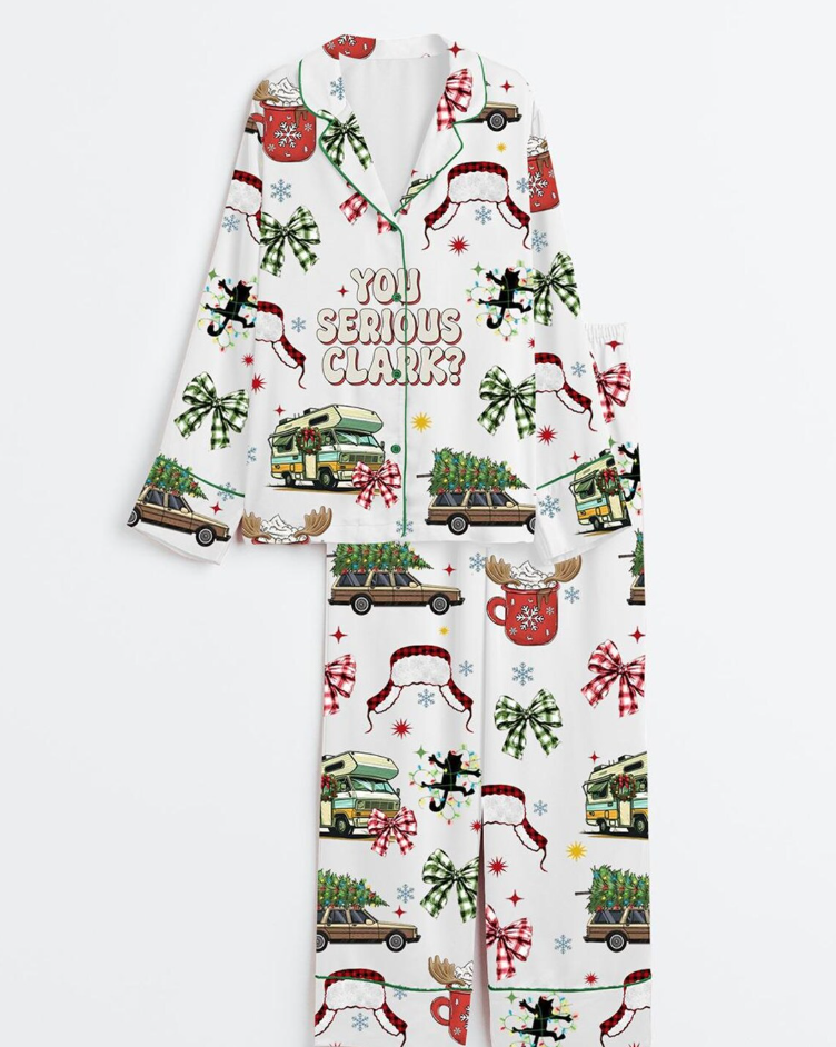Women’s You Serious Clark Christmas Vacation Satin Pajama Set, Noel Xmas Cowboy Pajamas Party Santa Nightwear, Merry Christmas Gifts For Her