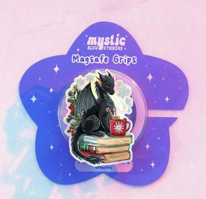 Dragon with Books Magnetic Kindle Stand: Cute Fantasy Dragon Phone Grip, Kawaii Holiday Phone Holder, Gift for Book Lovers and Fantasy Fans