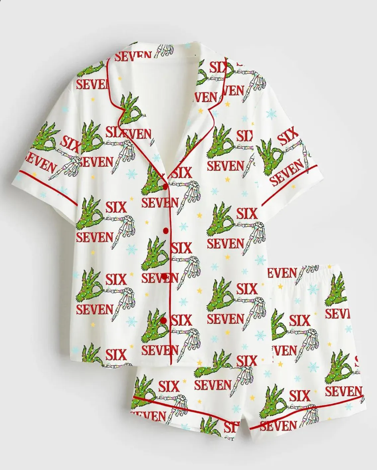 Women’s Trending Six Seven 67 Christmas Grinch Skeleton Satin Pajama Set, Pajamas Party Xmas Santa Nightwear, Christmas Gifts For Her
