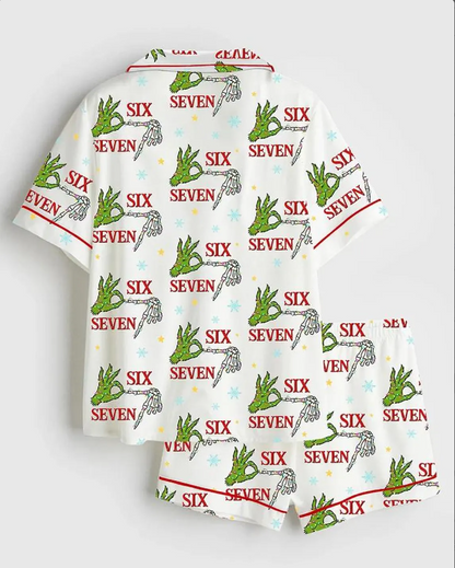 Women’s Trending Six Seven 67 Christmas Grinch Skeleton Satin Pajama Set, Pajamas Party Xmas Santa Nightwear, Christmas Gifts For Her