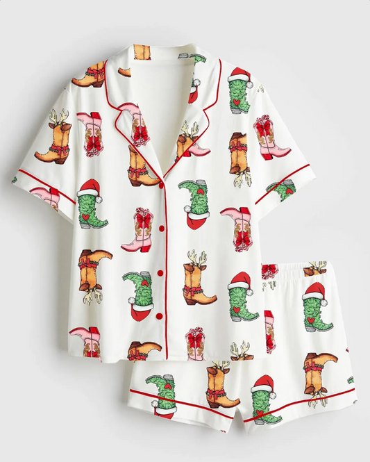 Western Grinch Cowgirl Boots Christmas Satin Pajama Set, Noel Xmas Cowboy Pajamas Party Santa Nightwear, Christmas Gifts For Her