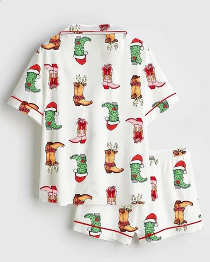 Western Grinch Cowgirl Boots Christmas Satin Pajama Set, Noel Xmas Cowboy Pajamas Party Santa Nightwear, Christmas Gifts For Her