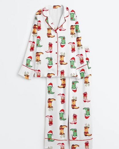 Western Grinch Cowgirl Boots Christmas Satin Pajama Set, Noel Xmas Cowboy Pajamas Party Santa Nightwear, Christmas Gifts For Her