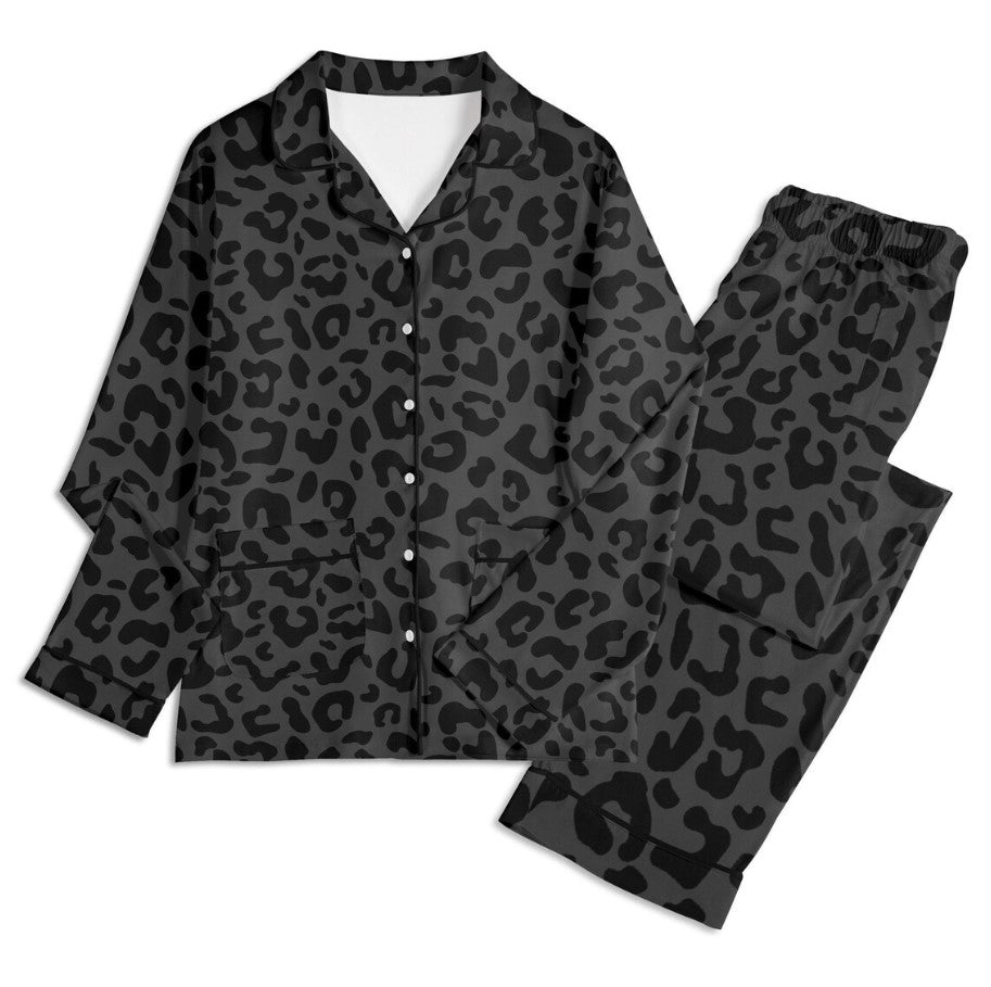 Black Leopard Pajama Set Unisex Long Sleeve Adult Nightwear for Her & Him Matching Black Cheetah Print Pajamas for Couple Gift Safari Animal