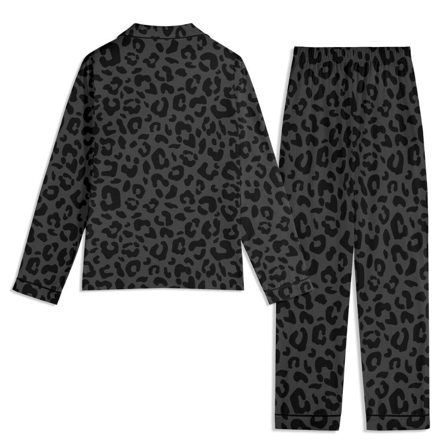 Black Leopard Pajama Set Unisex Long Sleeve Adult Nightwear for Her & Him Matching Black Cheetah Print Pajamas for Couple Gift Safari Animal