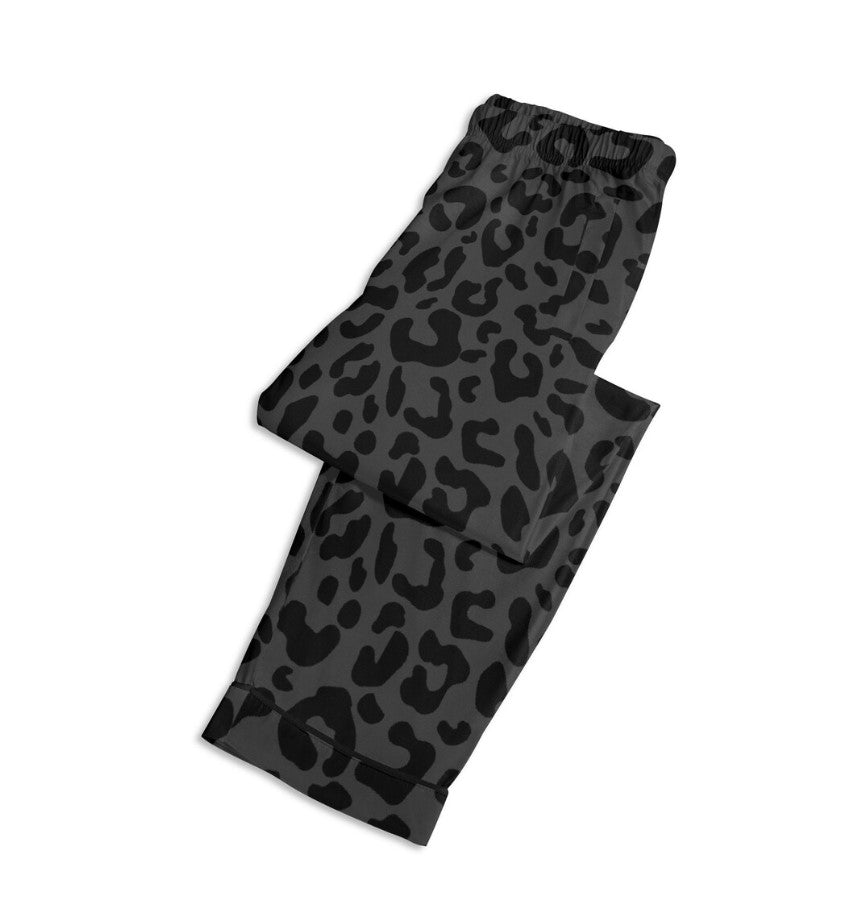 Black Leopard Pajama Set Unisex Long Sleeve Adult Nightwear for Her & Him Matching Black Cheetah Print Pajamas for Couple Gift Safari Animal