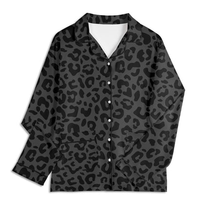Black Leopard Pajama Set Unisex Long Sleeve Adult Nightwear for Her & Him Matching Black Cheetah Print Pajamas for Couple Gift Safari Animal