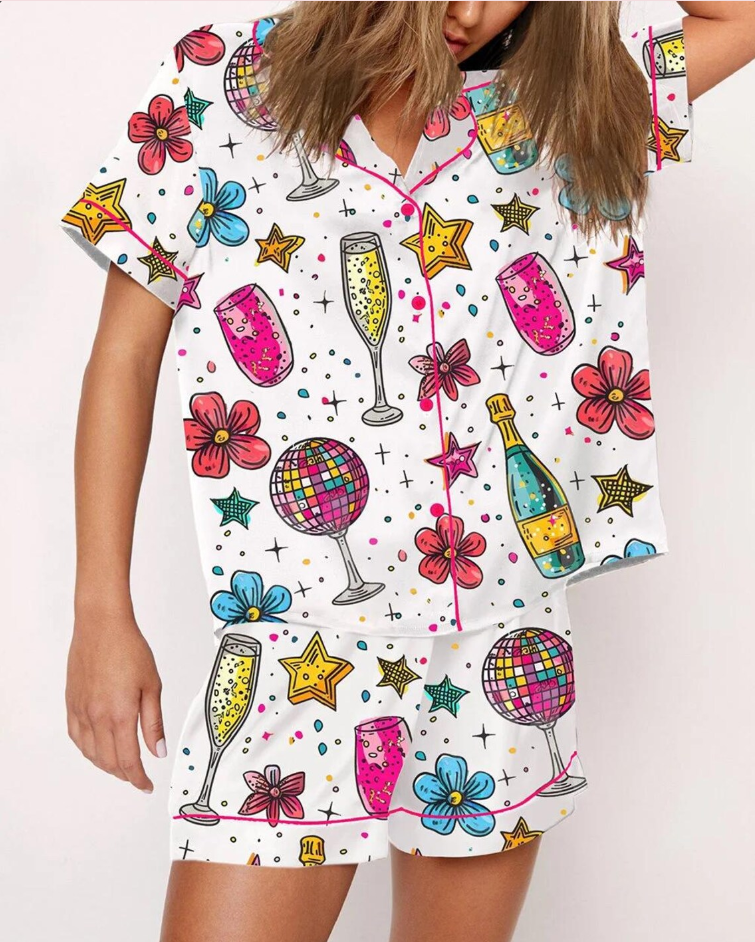 Cheers To The New Year Champagne Pajama Set, Champagne Pajama Outfit Satin, Cheers Christmas Gifts for Her Women Sleepwear Xmas